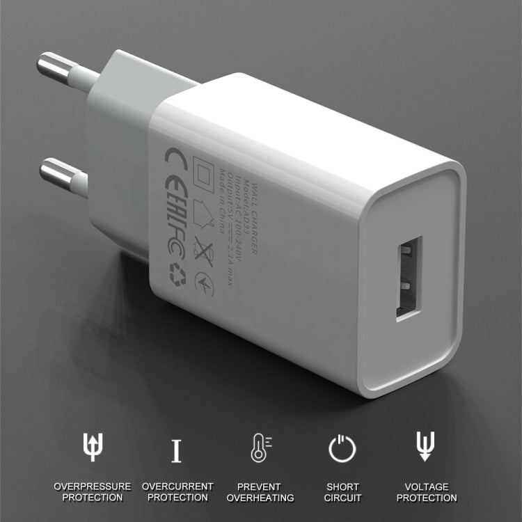 IVON AD-33 2 in 1 2.1A Single USB Port Travel Charger + 1m USB to 8 Pin Data Cable Set, US Plug(White) - USB Charger by IVON | Online Shopping South Africa | PMC TechLife | Buy Now Pay Later Mobicred