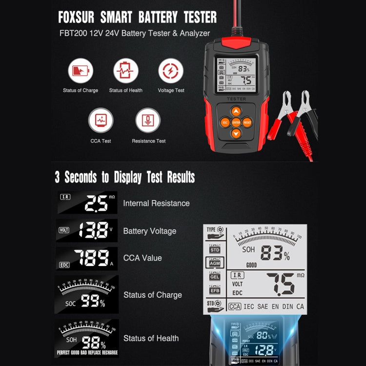 FOXSUR FBT200 12V / 24V Car Battery Tester (Red) - Electronic Test by FOXSUR | Online Shopping South Africa | PMC TechLife | Buy Now Pay Later Mobicred