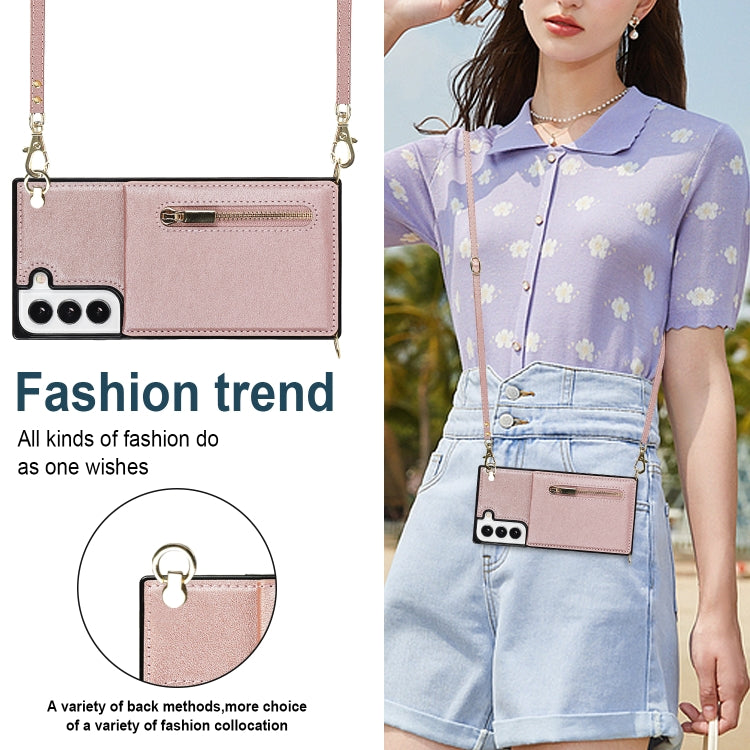 For Samsung Galaxy S22 5G Cross-body Square Zipper Card Holder Bag Phone Case(Rose Gold) - Galaxy S22 5G Cases by PMC TechLife | Online Shopping South Africa | PMC TechLife