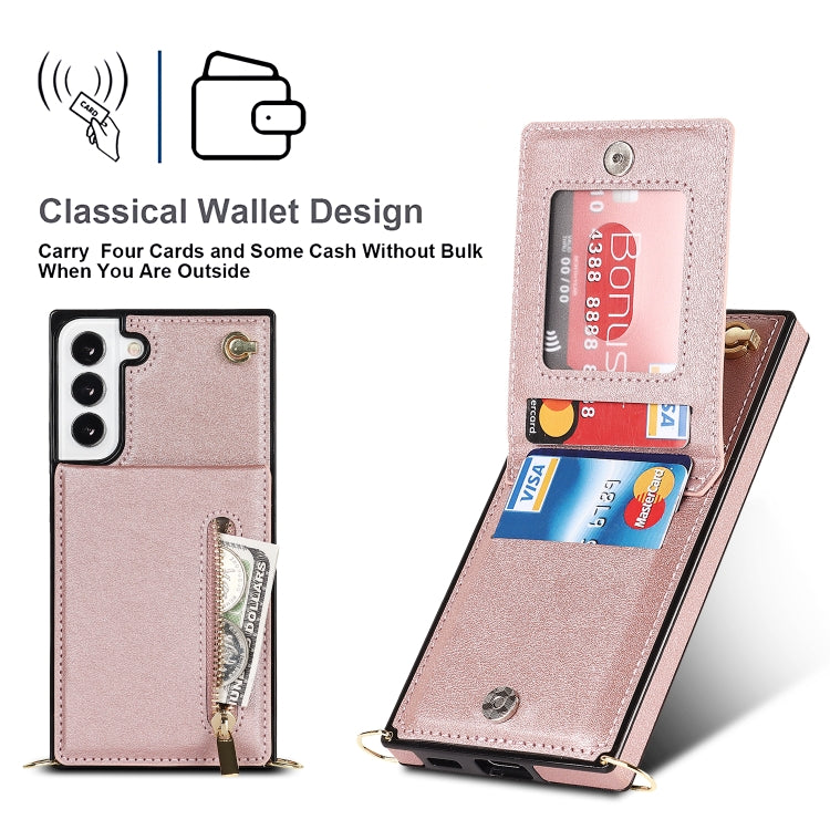 For Samsung Galaxy S22 5G Cross-body Square Zipper Card Holder Bag Phone Case(Rose Gold) - Galaxy S22 5G Cases by PMC Jewellery | Online Shopping South Africa | PMC Jewellery