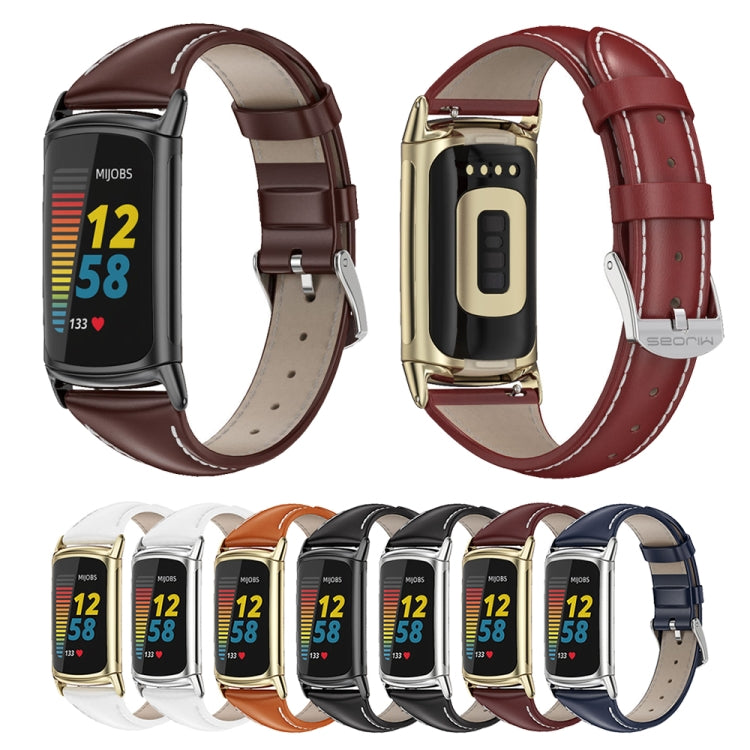 For Fitbit Charge 5 / Charge 6 Mijobs Genuine Leather Slim Watch Band(Coffee+Black) - Watch Bands by MIJOBS | Online Shopping South Africa | PMC TechLife | Buy Now Pay Later Mobicred