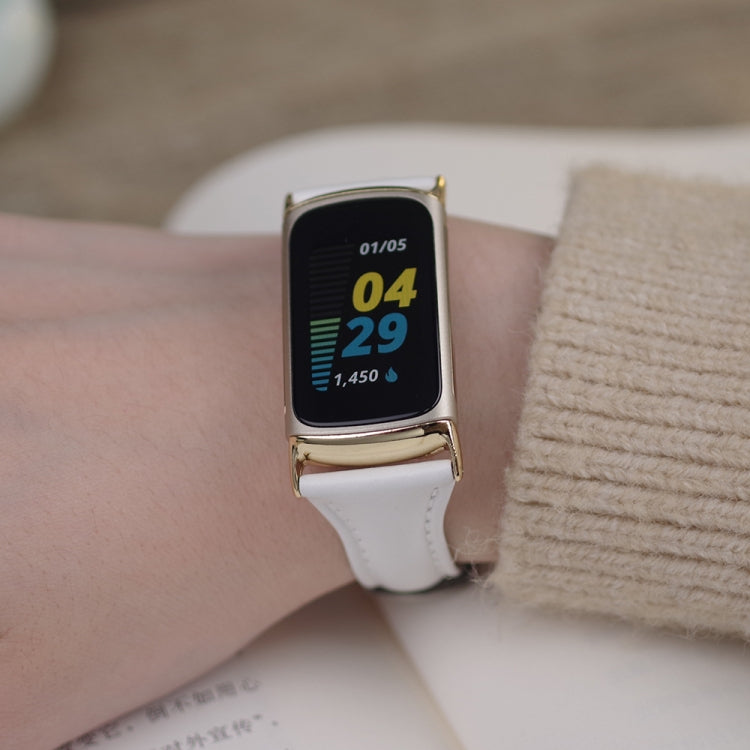 For Fitbit Charge 5 / Charge 6 Mijobs Genuine Leather Slim Watch Band(Black+Silver) - Watch Bands by MIJOBS | Online Shopping South Africa | PMC TechLife | Buy Now Pay Later Mobicred