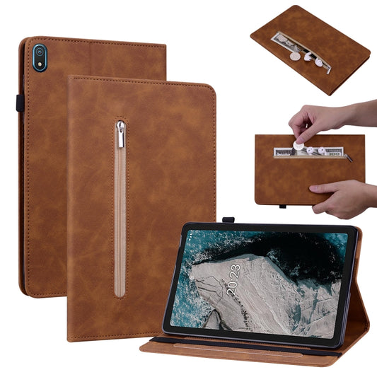 For Nokia T20 10.4 2021 Skin Feel Solid Color Zipper Leather Tablet Case(Brown) - Nokia by PMC Jewellery | Online Shopping South Africa | PMC Jewellery