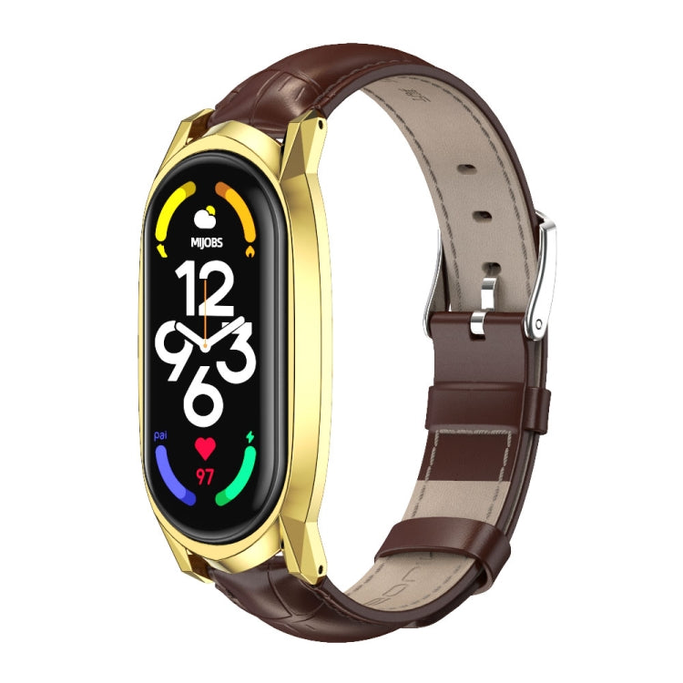 For Xiaomi Mi Band 7 / 7 NFC MIJOBS GT Metal Case Top Layer Cowhide Watch Band(Bamboo Coffee Black) - Watch Bands by MIJOBS | Online Shopping South Africa | PMC TechLife | Buy Now Pay Later Mobicred