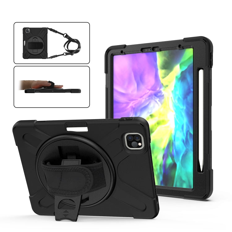 360 Degree Rotation Silicone Protective Cover with Holder & Hand Strap & Long Strap & Pencil Slot For iPad Air 2025 / 10.9 / Pro 11 2021 / 2020 / 2018(Black) - iPad Pro 11 (2020) Cases by PMC TechLife | Online Shopping South Africa | PMC TechLife | Buy Now Pay Later Mobicred