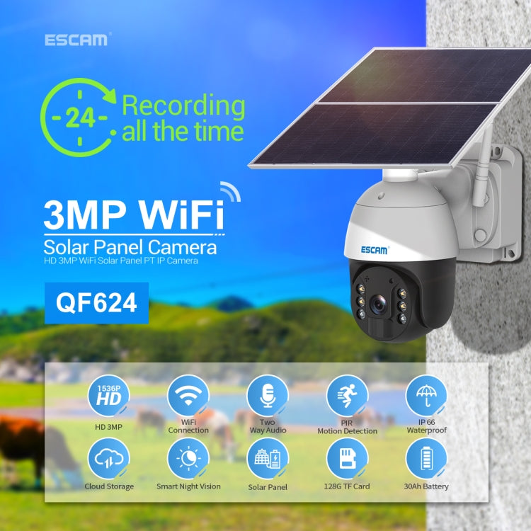 ESCAM QF624 3MP HD IP66 Waterproof WiFi Solar Panel PT IP Camera without Battery - free shipping - PMC TechLife - Order now!