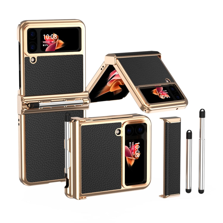 For Samsung Galaxy Z Flip3 5G Litchi Texture Leather Hinged Electroplated Phone Case with Pen(Black Gold) - free shipping - PMC TechLife - Order now!