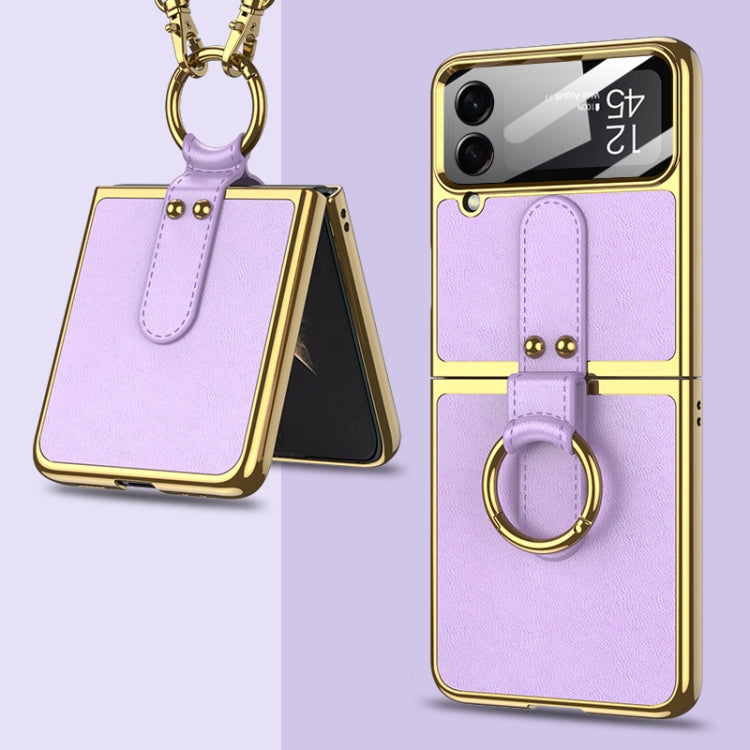 For Samsung Galaxy Z Flip4 GKK Plating + Leather Phone Case with Ring & Strap(Purple) - Galaxy Z Flip4 5G Cases by GKK | Online Shopping South Africa | PMC Jewellery