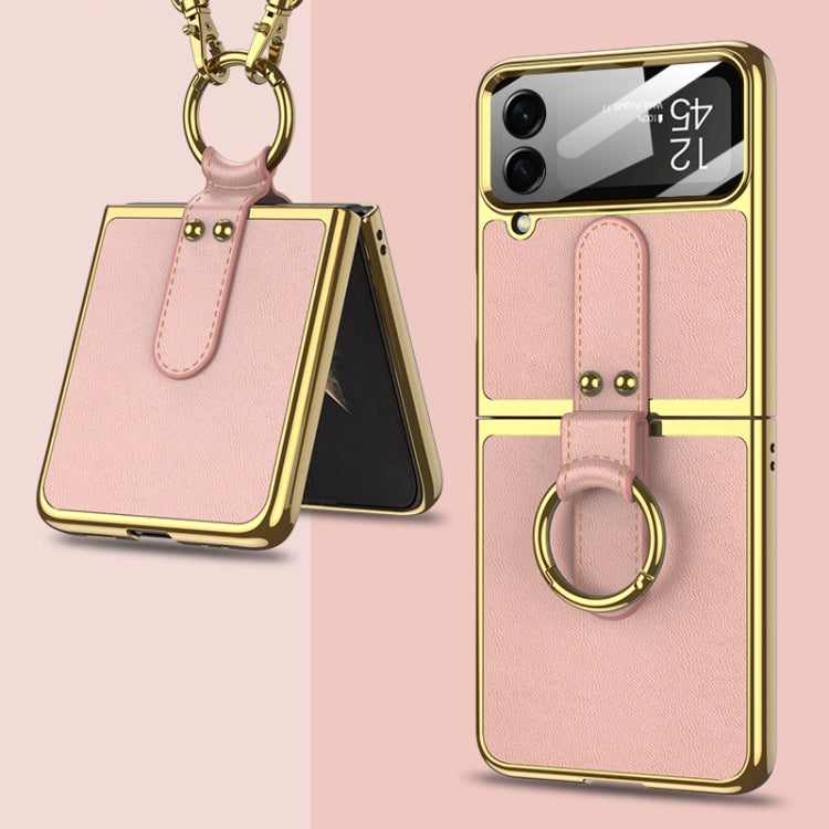 For Samsung Galaxy Z Flip4 GKK Plating + Leather Phone Case with Ring & Strap(Pink) - Galaxy Z Flip4 5G Cases by GKK | Online Shopping South Africa | PMC Jewellery