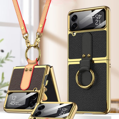 For Samsung Galaxy Z Flip4 GKK Plating + Leather Phone Case with Ring & Strap(Gold) - Galaxy Z Flip4 5G Cases by GKK | Online Shopping South Africa | PMC Jewellery