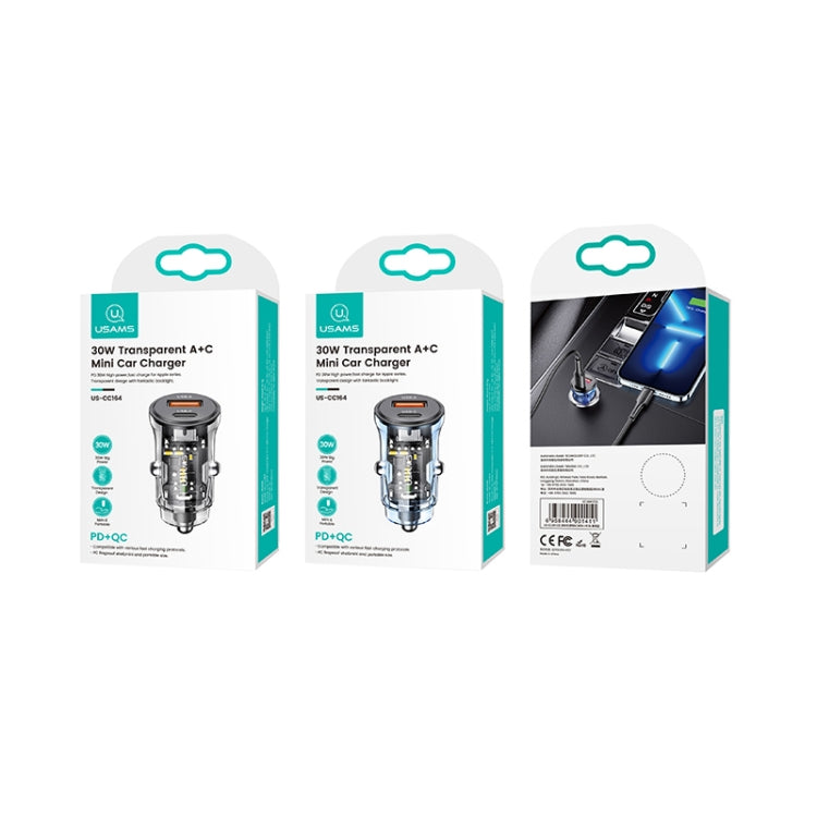 USAMS US-CC164 C32 30W Transparent Dual Port Mini Car Charger(Blue) - Car Charger by USAMS | Online Shopping South Africa | PMC Jewellery