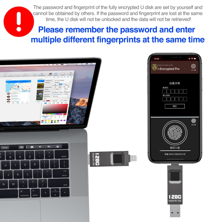 128GB NK-828 8 Pin + USB 2 in 1 Zinc Alloy U Disk with Fingerprint Unlock - U Disk & Card Reader by PMC TechLife | Online Shopping South Africa | PMC TechLife
