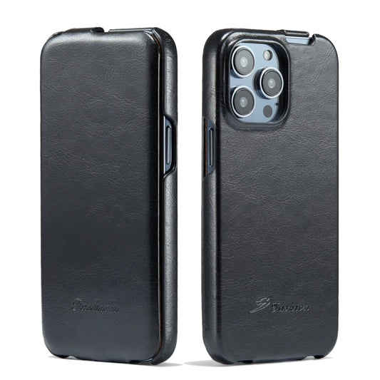 For iPhone 14 Pro Max Fierre Shann Oil Wax Texture Vertical Flip PU Phone Case (Black) - iPhone 14 Pro Max Cases by FIERRE SHANN | Online Shopping South Africa | PMC Jewellery