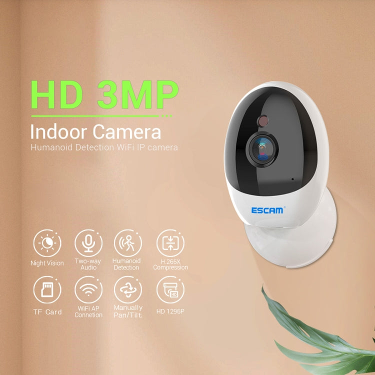 ESCAM QF006 3MP 1296P HD Indoor Wireless PTZ IP Camera IR Night Vision AI Humanoid Detection Home Security CCTV Monitor, Plug Type:AU Plug(White) - free shipping - PMC TechLife - Order now!
