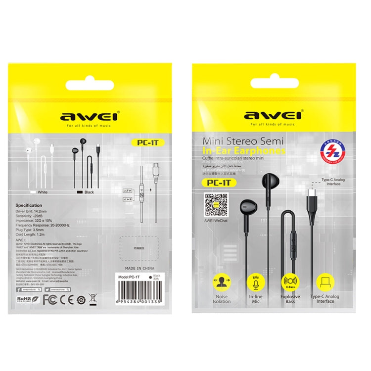 awei PC-1T 1.2m Mini Stereo Semi In-ear Earphones(White) - Type-C Earphone by awei | Online Shopping South Africa | PMC Jewellery