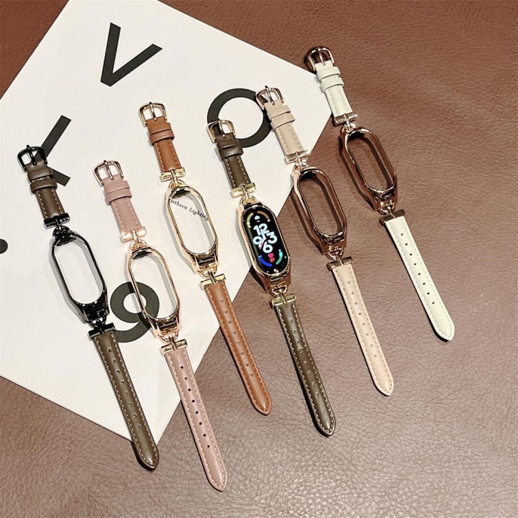 For Xiaomi Mi Band 3 / 4 D-shaped Steel + Genuine Leather Watch Band(Silver Beige) - free shipping - PMC TechLife - Order now!