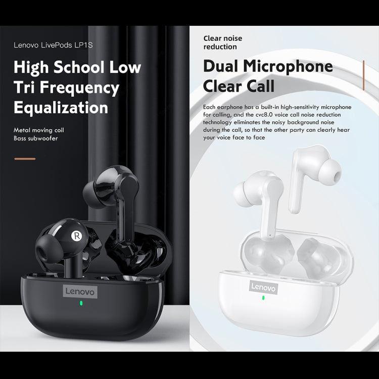 Lenovo LP1S TWS Wireless Bluetooth 5.0 Waterproof Sport Noise Reduction HIFI Bass Earphone with Mic(Black) - TWS Earphone by Lenovo | Online Shopping South Africa | PMC Jewellery