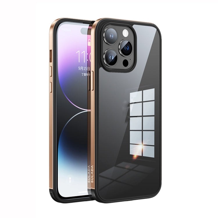 For iPhone 14 Pro Max SULADA Metal Frame + Nano Glass + TPU Phone Case(Champagne Gold) - free shipping - PMC TechLife - Order now!