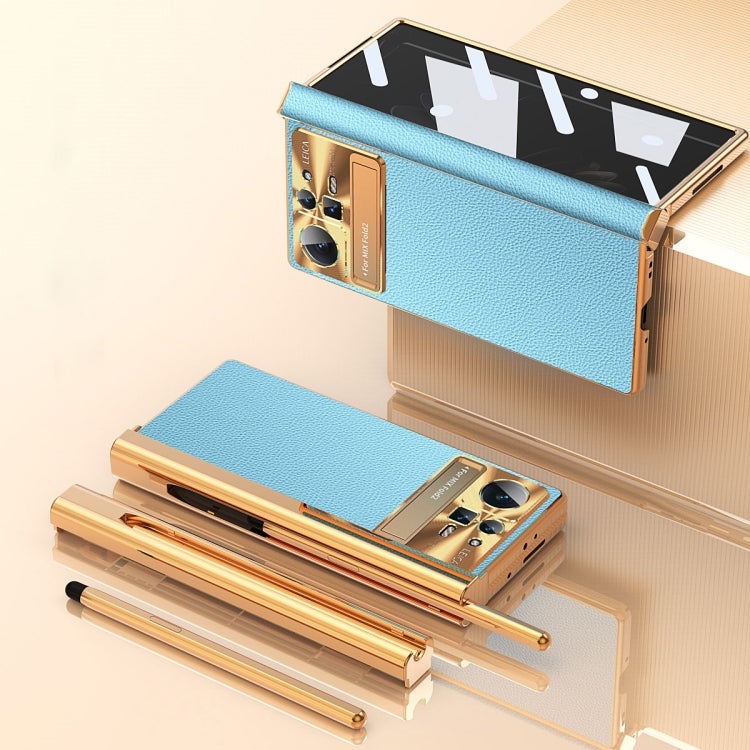 For Xiaomi Mix Fold 2 Plain Leather Double Hinged Folding Phone Case with Stylus(Gold+Blue) - Xiaomi Cases by PMC TechLife | Online Shopping South Africa | PMC TechLife