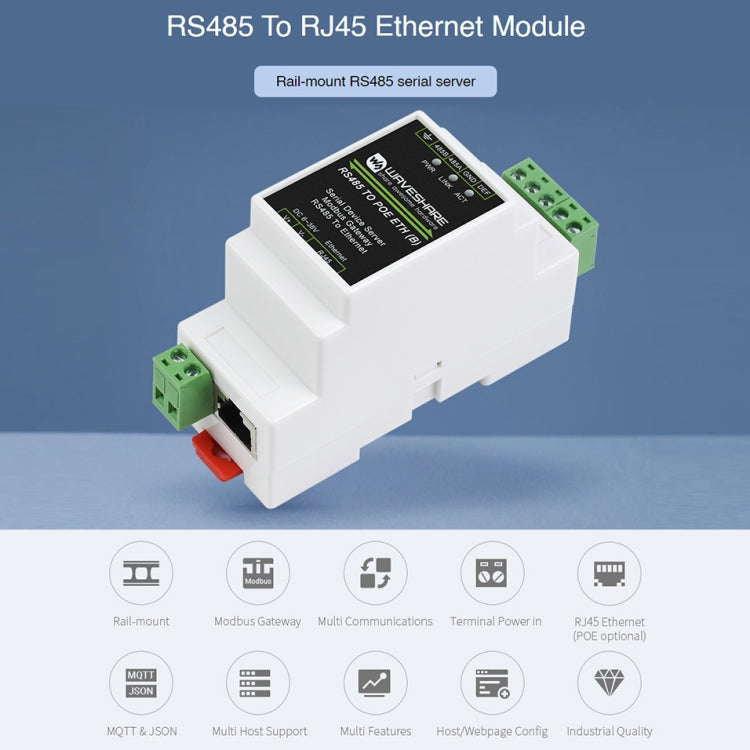 Waveshare Din Rail RS485 to RJ45 Serial Server with POE Function - free shipping - PMC TechLife - Order now!