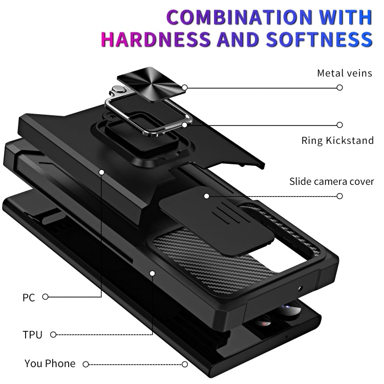 For Samsung Galaxy S23 Ultra 5G Sliding Camshield Phone Case with Ring Holder & Card Slot(Black) - free shipping - PMC TechLife - Order now!