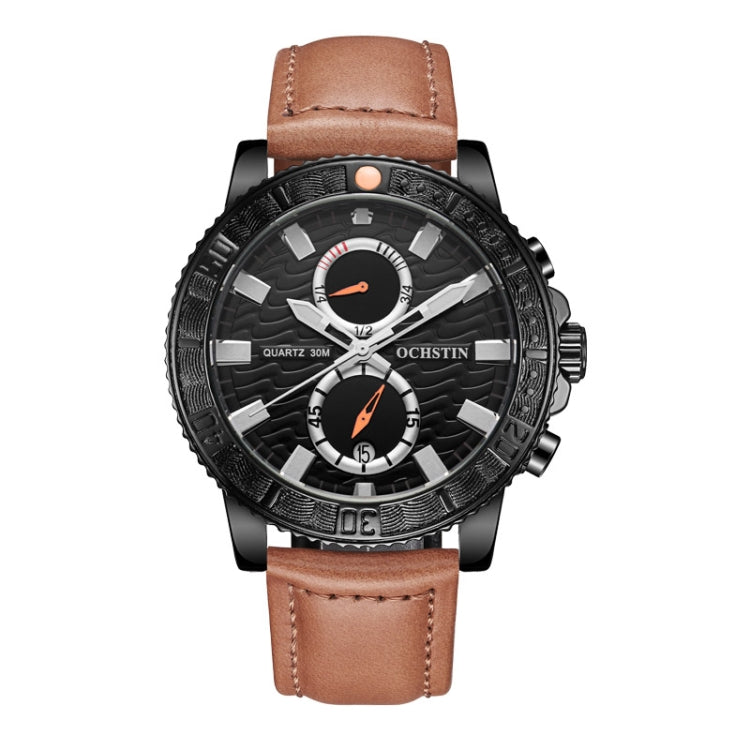 Ochstin 6045A Multifunctional Quartz Luminous Genuine Leather Men Watch(Black+Brown) - Leather Strap Watches by OCHSTIN | Online Shopping South Africa | PMC Jewellery | Buy Now Pay Later Mobicred