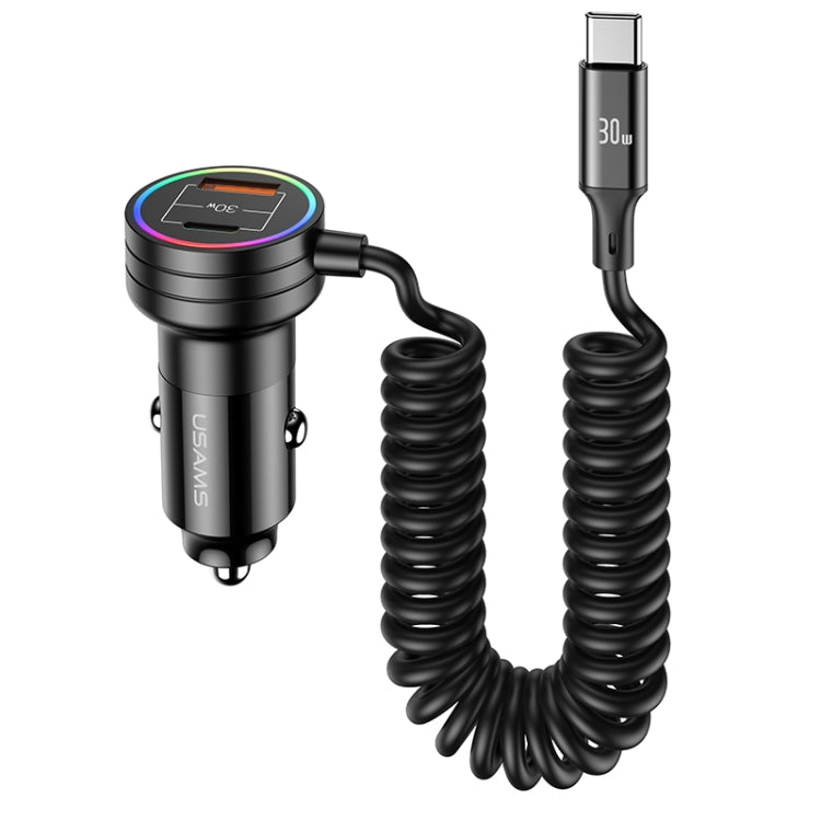 USAMS US-CC167 C33 60W Spring Cable Car Charger with Aperture(Black) - Car Charger by USAMS | Online Shopping South Africa | PMC Jewellery