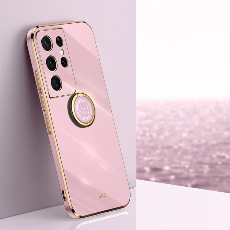 For Samsung Galaxy S21 Ultra 5G XINLI Straight Edge 6D Electroplate TPU Phone Case with Ring Holder(Cherry Purple) - Galaxy S21 Ultra 5G Cases by XINLI | Online Shopping South Africa | PMC TechLife | Buy Now Pay Later Mobicred