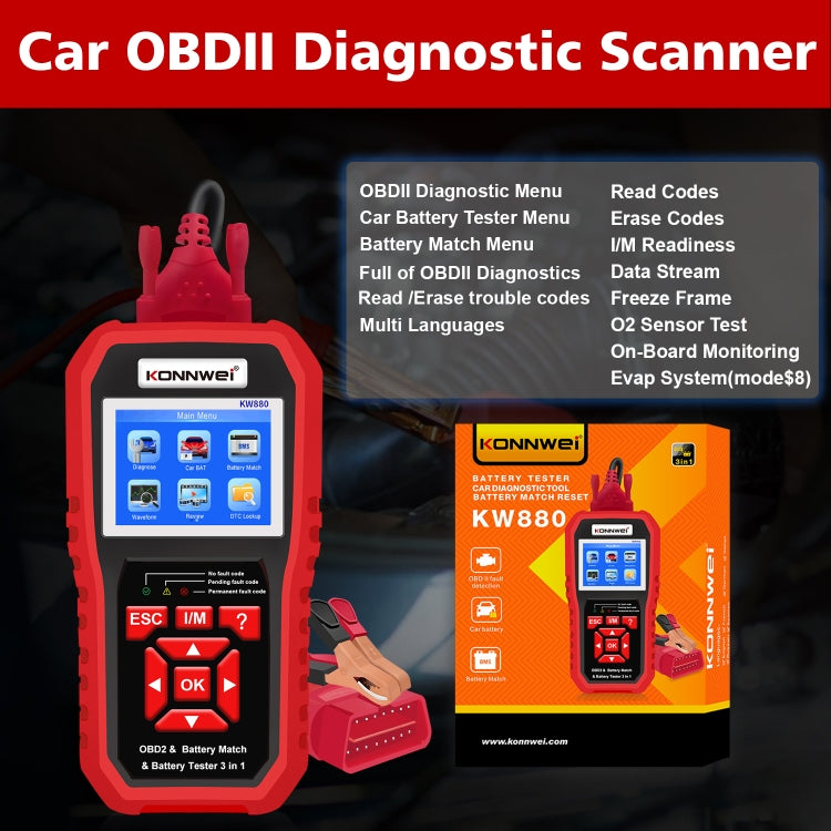 KONNWEI KW880 3 in 1 Car OBD2 Fault Diagnosis + Battery Tester + Battery Match Reset - Code Readers & Scan Tools by KONNWEI | Online Shopping South Africa | PMC Jewellery