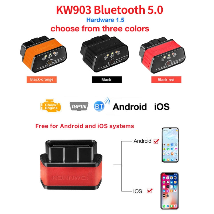 KONNWEI KW903 Bluetooth 5.0 OBD2 Car Fault Diagnostic Scan Tools Support IOS / Android(Black Red) - Code Readers & Scan Tools by KONNWEI | Online Shopping South Africa | PMC Jewellery