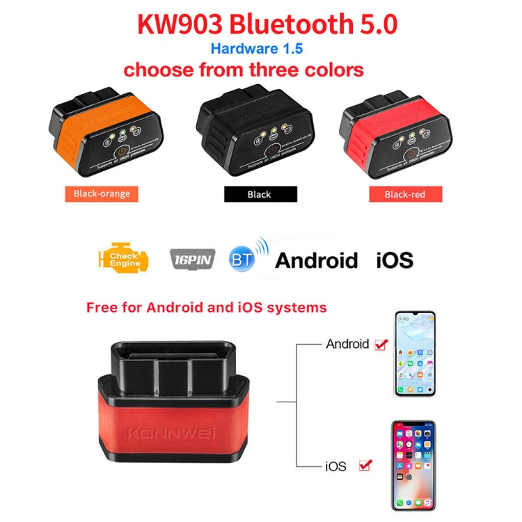 KONNWEI KW903 Bluetooth 5.0 OBD2 Car Fault Diagnostic Scan Tools Support IOS / Android(Black Orange) - free shipping - PMC TechLife - Order now!