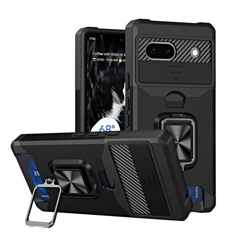 For Google Pixel 7a Camera Shield Card Slot Phone Case with Ring Holder(Black) - Google Cases by PMC Jewellery | Online Shopping South Africa | PMC Jewellery