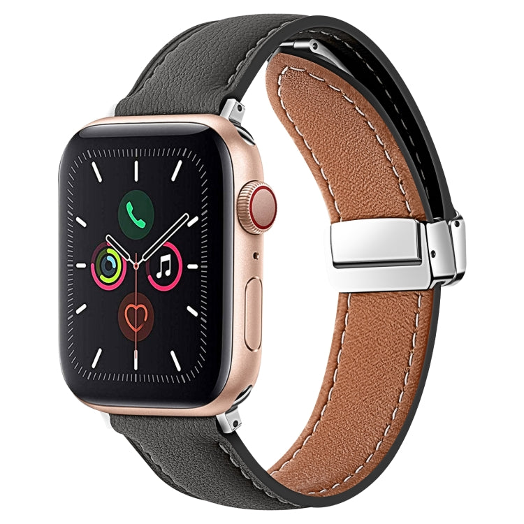 Folding Buckle Genuine Leather Watch Band For Apple Watch Ultra 49mm / Series 8&7 45mm / SE 2&6&SE&5&4 44mm / 3&2&1 42mm(Black) - Smart Wear by PMC TechLife | Online Shopping South Africa | PMC TechLife