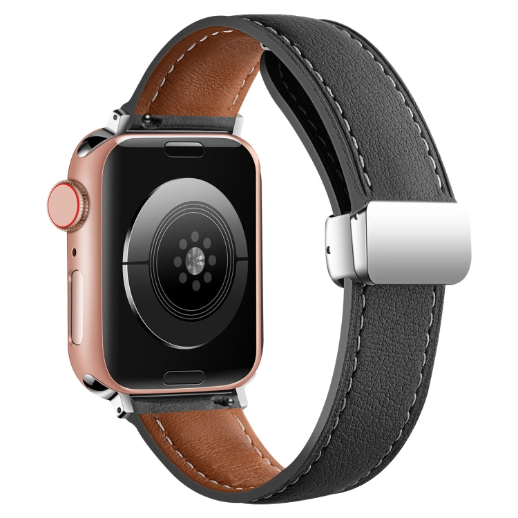 Folding Buckle Genuine Leather Watch Band For Apple Watch Ultra 49mm / Series 8&7 45mm / SE 2&6&SE&5&4 44mm / 3&2&1 42mm(Black) - Smart Wear by PMC TechLife | Online Shopping South Africa | PMC TechLife