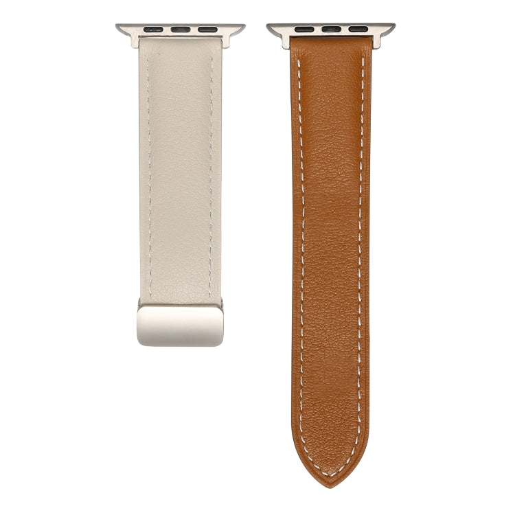 Folding Buckle Genuine Leather Watch Band For Apple Watch Ultra 49mm / Series 8&7 45mm / SE 2&6&SE&5&4 44mm / 3&2&1 42mm(White + Brown) - Smart Wear by PMC Jewellery | Online Shopping South Africa | PMC Jewellery