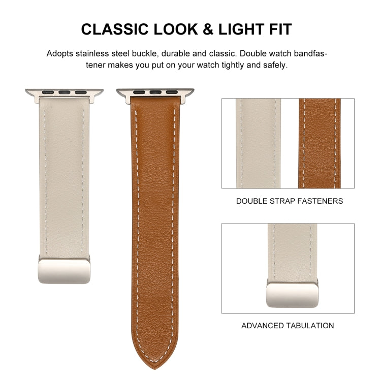 Folding Buckle Genuine Leather Watch Band For Apple Watch Ultra 49mm / Series 8&7 45mm / SE 2&6&SE&5&4 44mm / 3&2&1 42mm(White + Brown) - Smart Wear by PMC TechLife | Online Shopping South Africa | PMC TechLife