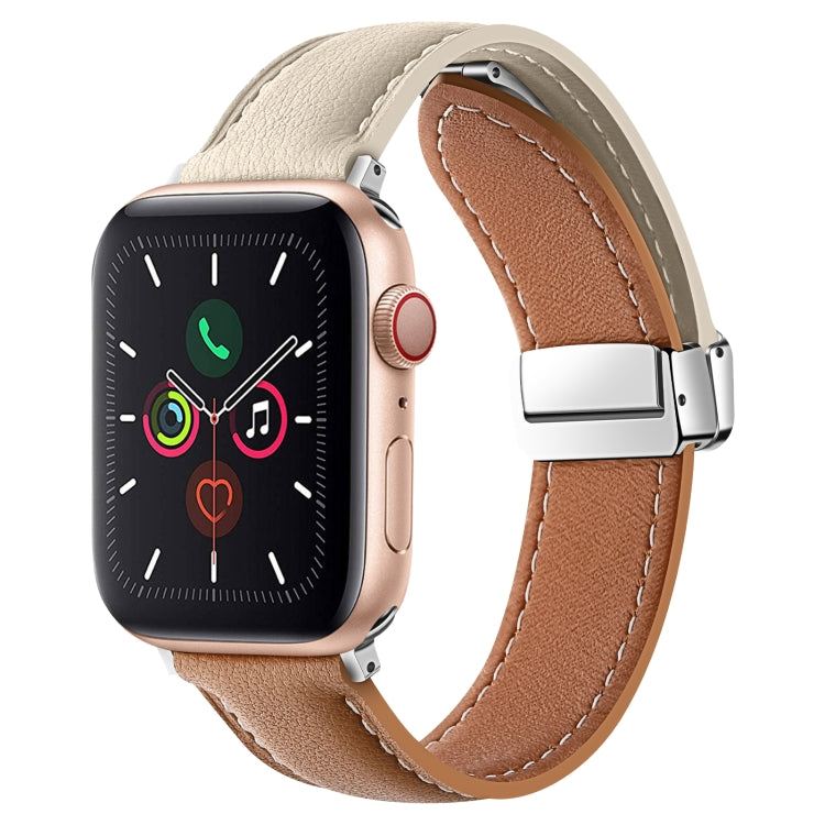 Folding Buckle Genuine Leather Watch Band For Apple Watch Series 8&7 41mm / SE 2&6&SE&5&4 40mm / 3&2&1 38mm(White + Brown) - Smart Wear by PMC TechLife | Online Shopping South Africa | PMC TechLife