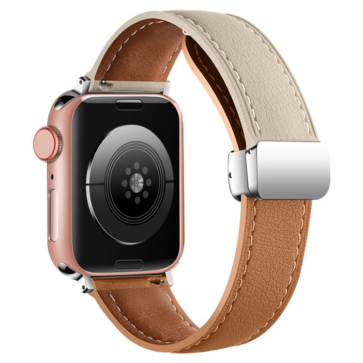Folding Buckle Genuine Leather Watch Band For Apple Watch Series 8&7 41mm / SE 2&6&SE&5&4 40mm / 3&2&1 38mm(White + Brown) - Smart Wear by PMC TechLife | Online Shopping South Africa | PMC TechLife