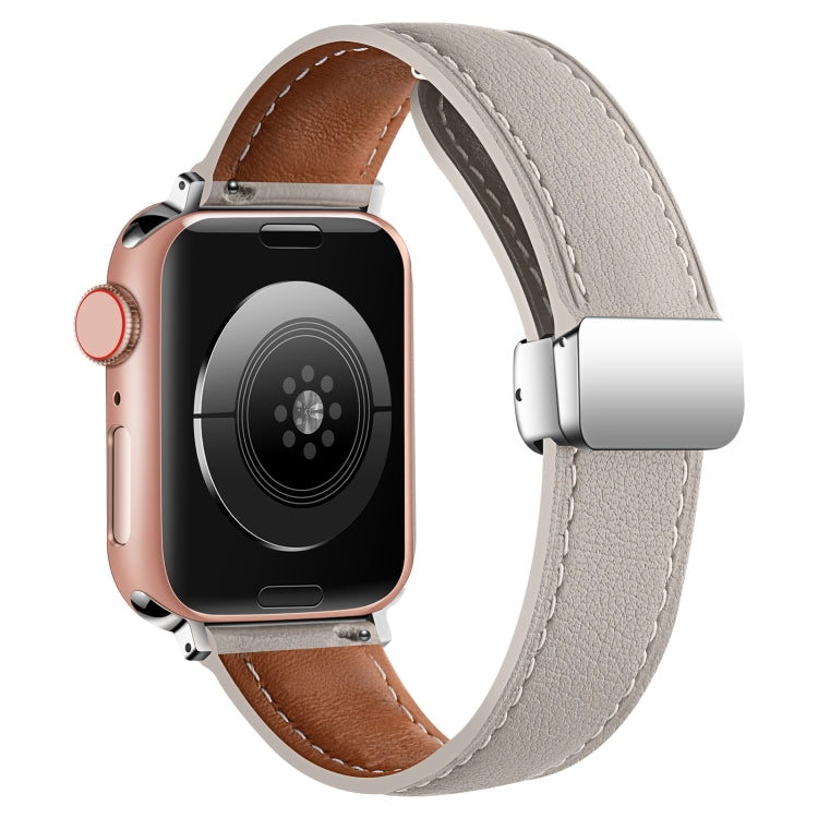 Folding Buckle Genuine Leather Watch Band For Apple Watch Series 8&7 41mm / SE 2&6&SE&5&4 40mm / 3&2&1 38mm(Grey) - Smart Wear by PMC TechLife | Online Shopping South Africa | PMC TechLife