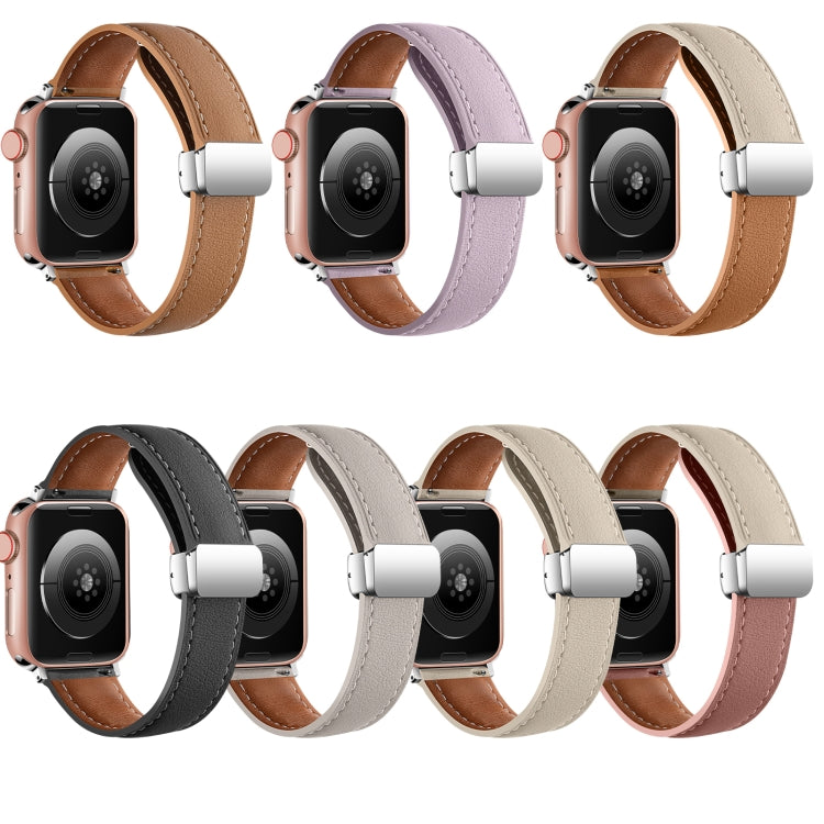 Folding Buckle Genuine Leather Watch Band For Apple Watch Series 8&7 41mm / SE 2&6&SE&5&4 40mm / 3&2&1 38mm(Grey) - Smart Wear by PMC TechLife | Online Shopping South Africa | PMC TechLife