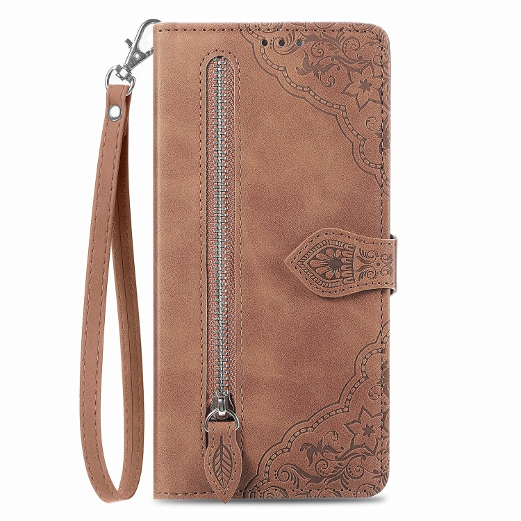 For TCL 40 SE Embossed Flower Zipper Leather Phone Case(Brown) - More Brand by PMC Jewellery | Online Shopping South Africa | PMC Jewellery