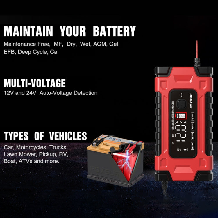 FOXSUR 12V / 24V / 10A Car / Motorcycle Battery Smart Repair Lead-acid Battery Charger, Plug Type:US Plug - free shipping - PMC TechLife - Order now!