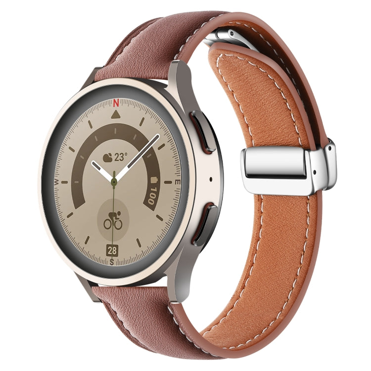 22mm Folding Buckle Plain Weave Genuine Leather Watch Band(Brown+Silver) - Smart Wear by PMC TechLife | Online Shopping South Africa | PMC TechLife