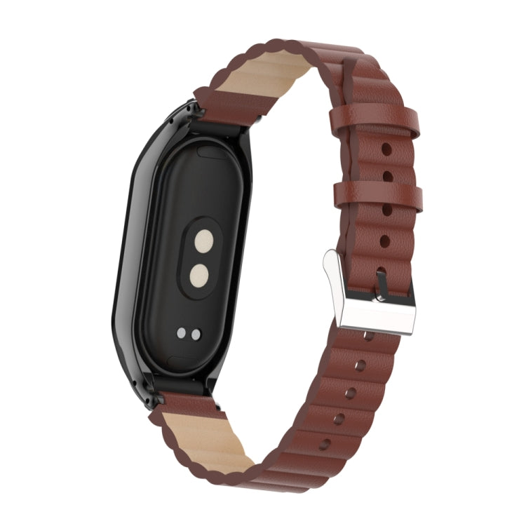 For Xiaomi Mi Band 8 Integrated Metal Case + Bamboo Leather Watch Band(Red Brown) - Smart Wear by PMC TechLife | Online Shopping South Africa | PMC TechLife