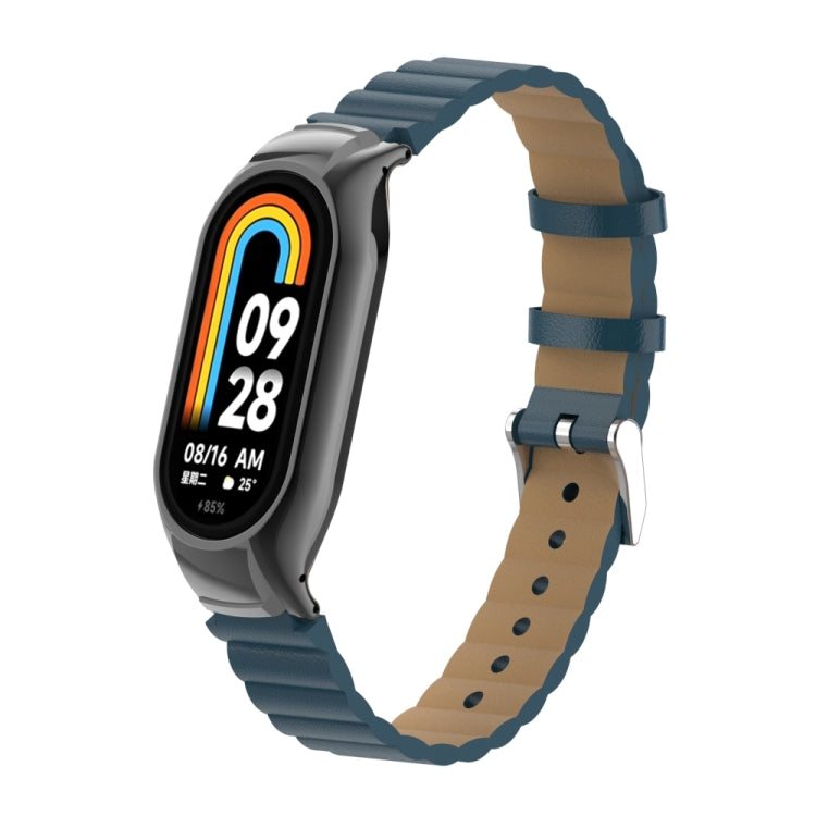 For Xiaomi Mi Band 8 Integrated Metal Case + Bamboo Leather Watch Band(Navy Blue) - Smart Wear by PMC TechLife | Online Shopping South Africa | PMC TechLife