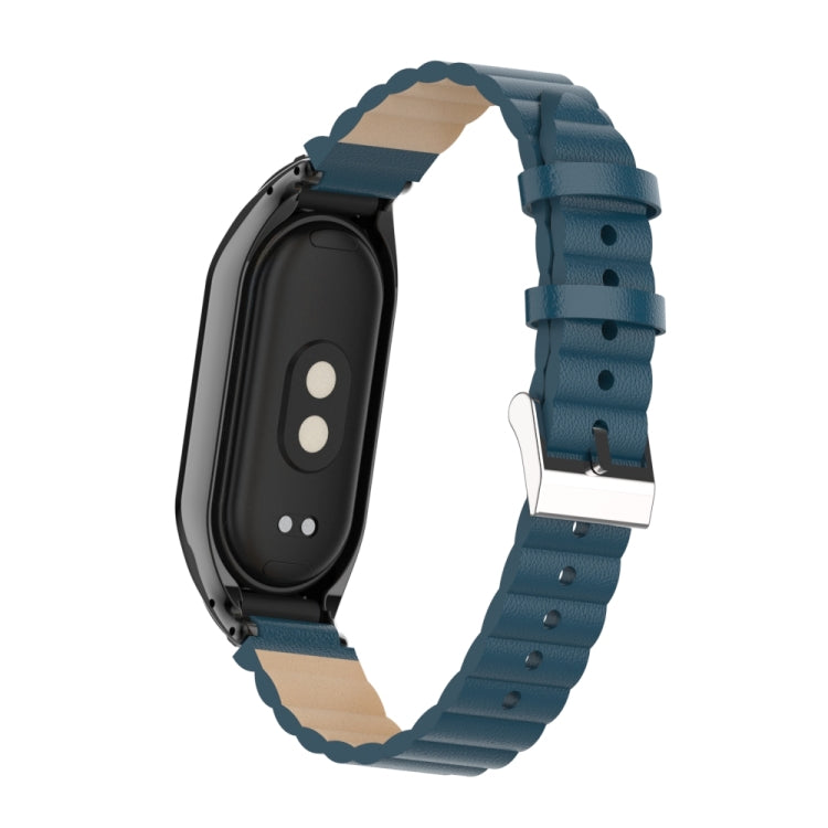 For Xiaomi Mi Band 8 Integrated Metal Case + Bamboo Leather Watch Band(Navy Blue) - Smart Wear by PMC TechLife | Online Shopping South Africa | PMC TechLife