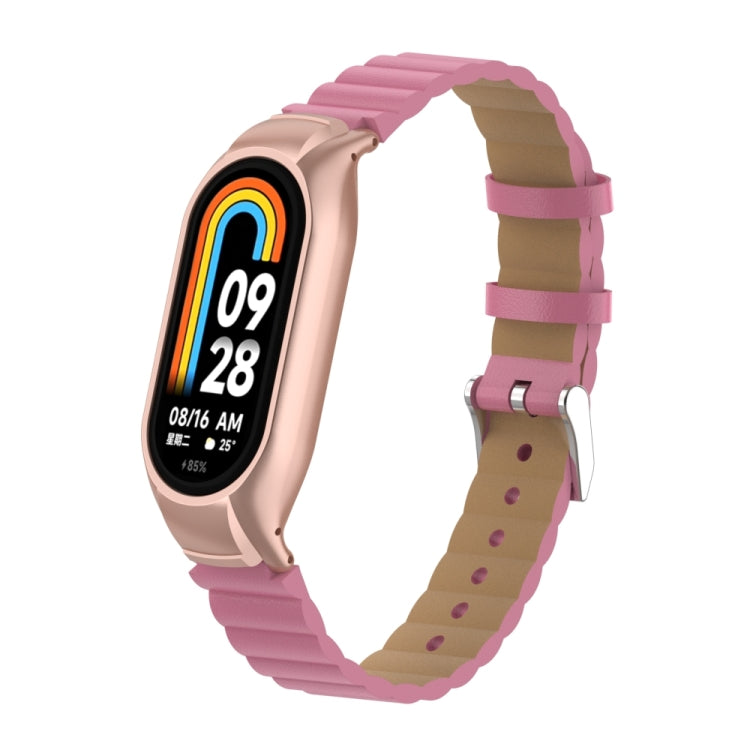 For Xiaomi Mi Band 8 Integrated Metal Case + Bamboo Leather Watch Band(Rose Red) - Smart Wear by PMC TechLife | Online Shopping South Africa | PMC TechLife