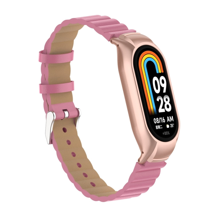 For Xiaomi Mi Band 8 Integrated Metal Case + Bamboo Leather Watch Band(Rose Red) - Smart Wear by PMC TechLife | Online Shopping South Africa | PMC TechLife
