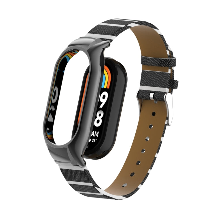 For Xiaomi Mi Band 8 Integrated Metal Case + Secondary Color Leather Watch Band(Black) - Smart Wear by PMC TechLife | Online Shopping South Africa | PMC TechLife