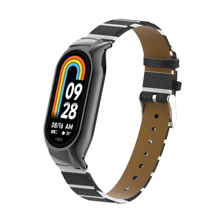 For Xiaomi Mi Band 8 Integrated Metal Case + Secondary Color Leather Watch Band(Black) - Smart Wear by PMC TechLife | Online Shopping South Africa | PMC TechLife